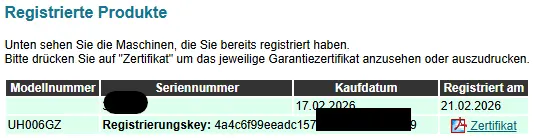 Seite der Makita Garantieverlängerung - registrierte Geräte