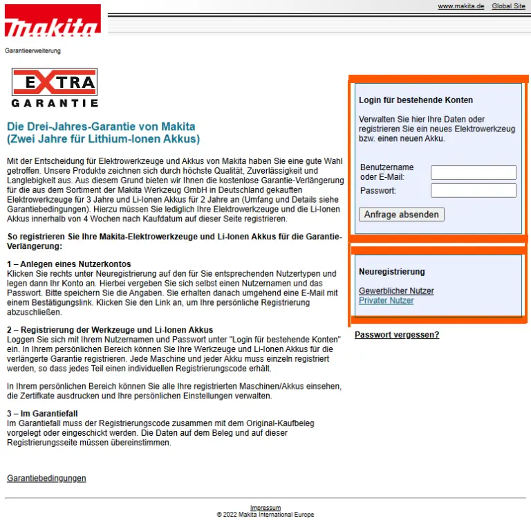 Makita Garantie Login und Neuregistrierung im offiziellen Garantieportal
