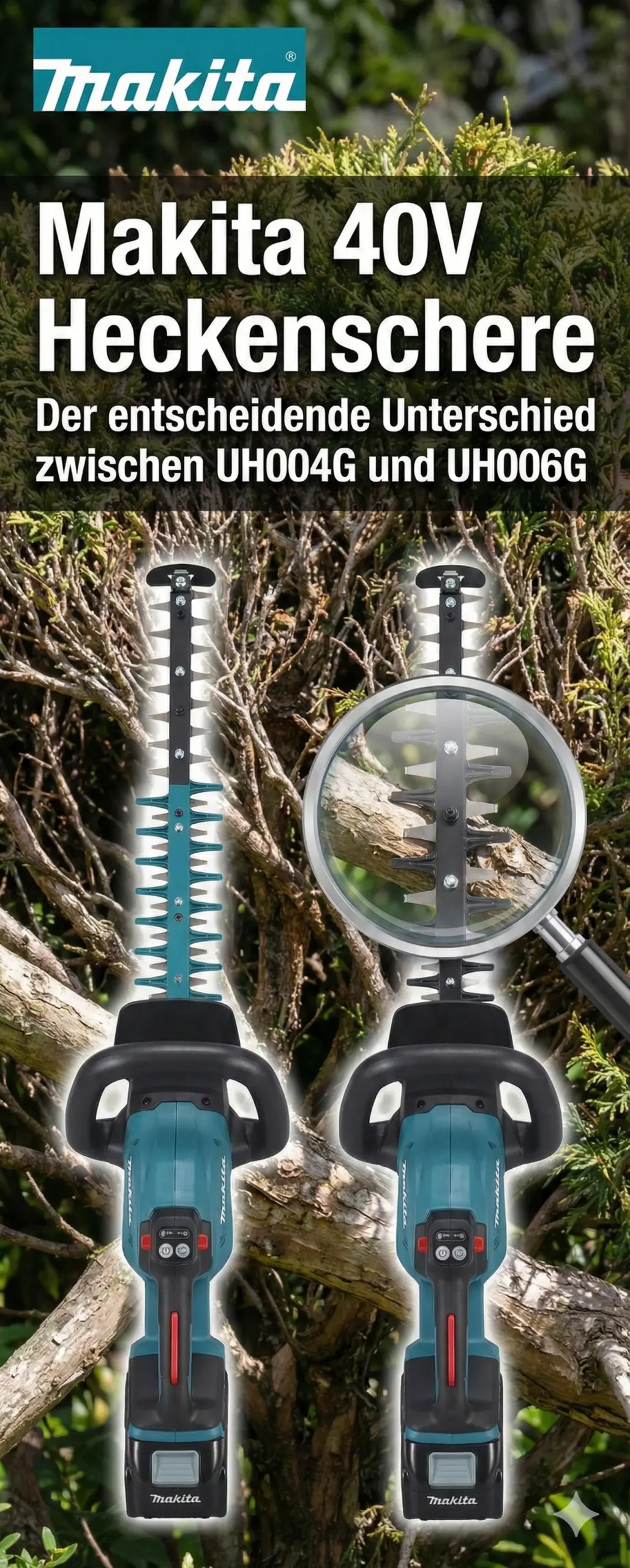 Makita 40V Heckenschere - die UH004G und UH006G - mit dem Schriftzug "der entscheidende Unterschied" - es ist eine Lupe auf dem Schwert mit den unterschiedlichen Klingen