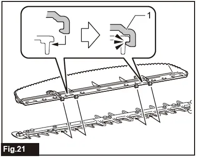 In der Makita Bedienungsanleitung zur UH006G gibt es Abbildungen - diese Fig. 21 zeigt, wie man den Makita Schnittgutsammler auf dem Schwert platziert