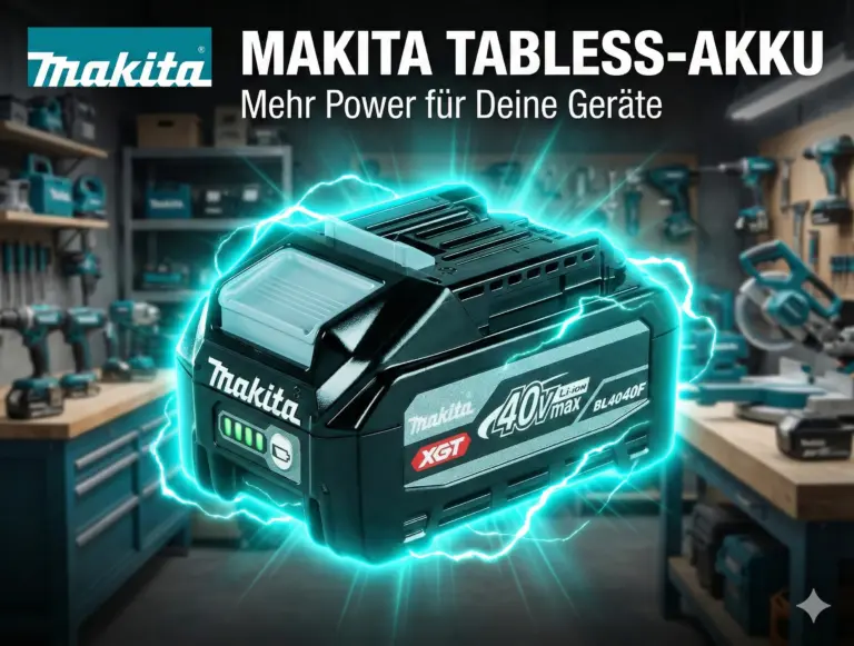 Makita XGT Tabless Akku BL4040F 40V Max mit visualisierter Energie und Werkstatt-Hintergrund