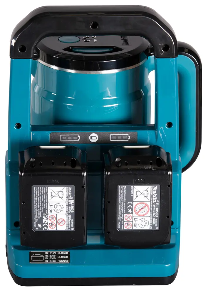 Makita Wasserkocher DKT360 - Rückseite mit zwei Akkuschächten für zwei LXT 18V Akkus