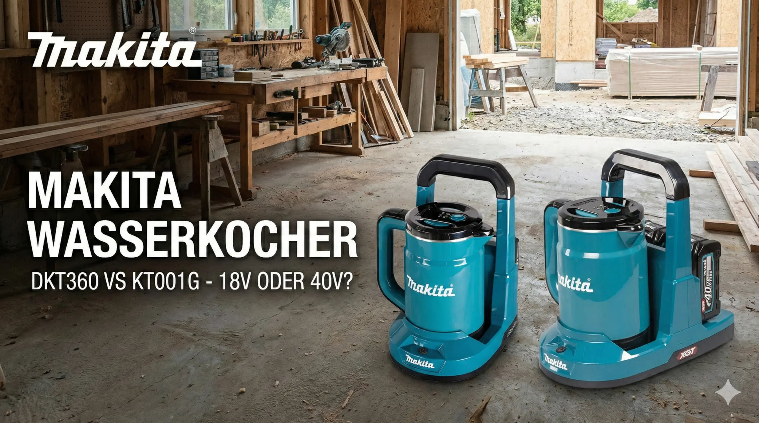 Vergleich der Makita Wasserkocher: Links der DKT360 (18V) und rechts der KT001G (40V)