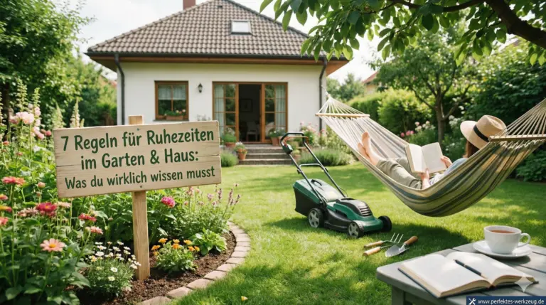 Idyllischer Garten mit Hängematte und stillstehendem Rasenmäher als Symbolbild für die Einhaltung der Ruhezeiten im Garten vor einem Einfamilienhaus.