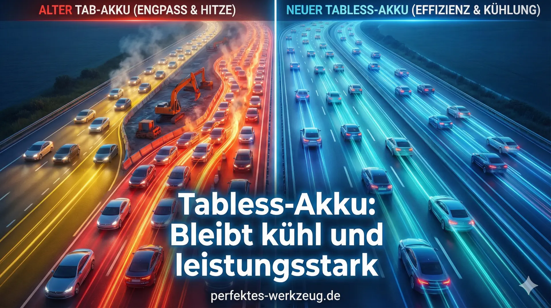 Vergleichsgrafik Tabless-Akku: Autobahn-Metapher zeigt Hitzestau bei herkömmlichen Zellen gegenüber kühlem Elektronenfluss bei der neuen Tabless-Technologie.