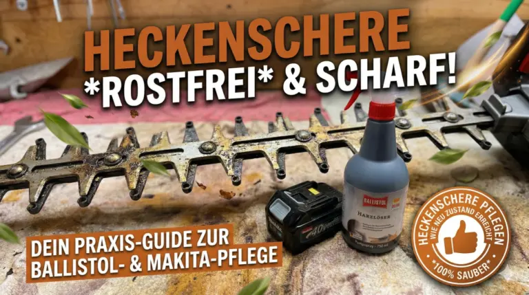 Beitragsbild für einen Praxis-Guide zum Heckenschere reinigen: Heckenschere rostfrei und scharf machen. Zeigt ein verschmutztes Heckenscheren-Sägeblatt, eine Flasche Ballistol Harzlöser, einen Makita Akku auf einer Werkbank.
