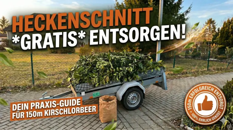 Ein professionell aufbereitetes Beitragsbild, das den kleinen PKW-Anhänger zeigt, voll beladen mit Kirschlorbeer-Ästen und gesichert mit einem schwarzen Netz. Ein Text-Overlay lautet: "HECKENSCHNITT KOSTENLOS ENTSORGEN: DER 3-STUNDEN-HACK". Es visualisiert das Ziel der kostenlosen und effizienten Grünschnitt-Entsorgung am Wertstoffhof.