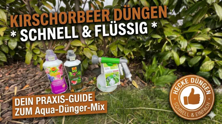 Das Beitragsbild zeigt einen Birchmeier Aquamix neben zwei Flaschen Flüssigdünger vom Compo - es enthält den Text "Kirschlorbeer düngen - schnell & einfach"