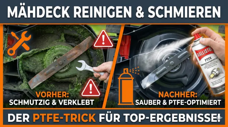 Das Bild zeigt links ein stark verschmutztes Mähdeck mit einem verrosteten Rasenmähermesser - auf der rechten Seite ist das Mähdeck gereinigt und mit PTFE-Spray geschmiert worden. Die Schrift auf dem Bild: "Mähdeck reinigen & schmieren" und "Der PTFE-Trick für Top-Ergebnisse"