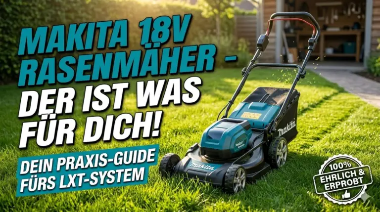 Ein Makita 18V Rasenmäher auf einem frisch gemähten, grünen Rasen mit dem Text "Makita 18V Rasenmäher - Der ist was für Dich!" und einem Siegel für echte Praxis-Tests.