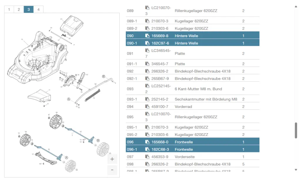 Die Explosionszeichnung mit allen Makita Ersatzteilen für den DLM432 Akku-Rasenmäher zeigt die Einzelteile und die Einzelteilnummern.