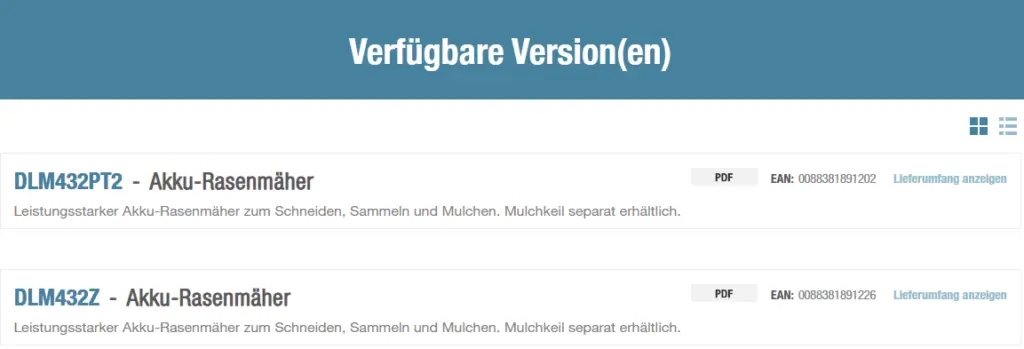 Screenshot der Makita Website mit den verfügbaren Versionen für den Makita 18V Rasenmäher DLM432 als Solo-Gerät und Komplett-Set.