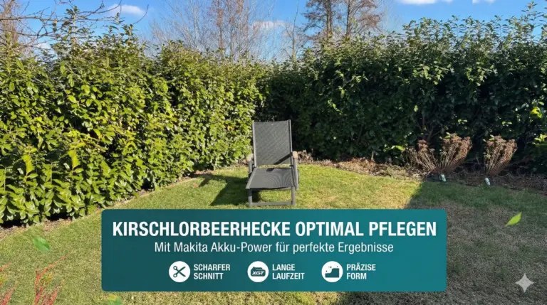 Beitragsbild zum Testbericht: Kirschlorbeerhecke schneiden mit der Akku-Heckenschere Makita UH006G – Meine Erfahrungen in der Praxis.