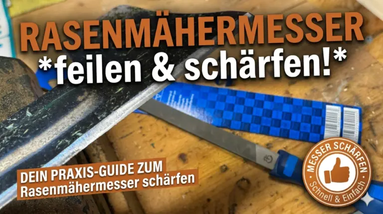 Ein Rasenmähermessen Auf dem Foto ist ein geschärftes Rasenmähermesser zu sehen - im Hintergrund die Feile von Pferd - auf dem Bild ist zu lesen "Rasenmähermesser schärfen & feilen"