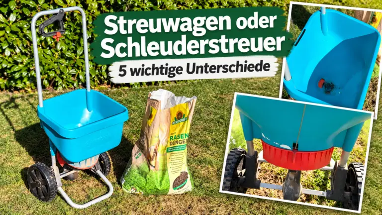 Streuwagen oder Schleuderstreuer: Mein Gardena XL mit Rasendünger sowie Detailaufnahmen des Streubehälters und der Unterseite