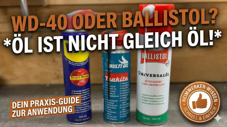 3 Sprayflaschen stehen auf einer Werkbank - WD-40, Makita Multiöl und Ballistol Universalöl. Auf dem Bild ist zu lesen: "WD-40 oder Ballistol?" "Öl ist nicht gleich Öl!"
