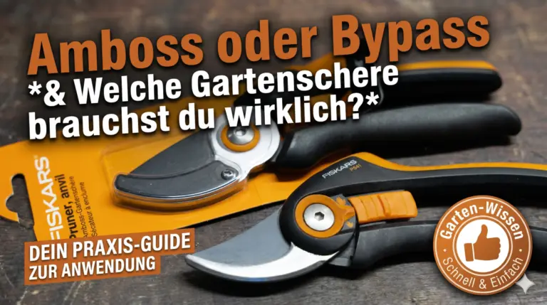 Amboss oder Bypass Gartenschere? Direkter Vergleich zweier Fiskars Scheren auf einer Werkbank für den Praxis-Check