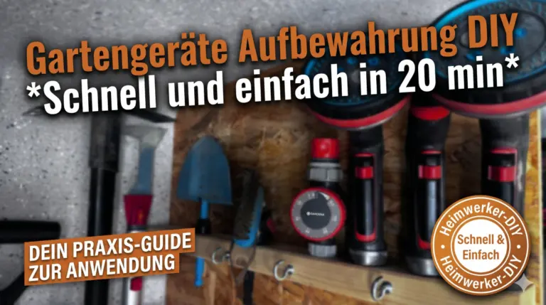 Ein hochauflösendes YouTube-Thumbnail für einen Heimwerker-Video-Guide zum Thema "DIY Gartengeräte Aufbewahrung". Oben links ist eine große, auffällige Überschrift zu sehen: Die erste Zeile ist in orangefarbener Serifenschrift gehalten und lautet "Gartengeräte Aufbewahrung DIY". Die zweite Zeile ist in weißer, fetter Sans-Serif-Schrift gehalten, die von Sternensymbolen eingerahmt wird und lautet "Schnell und einfach in 20 min". Darunter, auf der linken Seite, befindet sich ein kleiner, orangefarbener Kasten mit weißem Text: "DEIN PRAXIS-GUIDE ZUR ANWENDUNG". In der unteren rechten Ecke ist ein kreisförmiges, goldfarbenes Siegel (Badge) zu sehen, dessen äußerer Ring den Text "Heimwerker-DIY" (oben und unten) trägt und dessen Innenseite den Text "Schnell & Einfach" enthält. Der Hintergrund ist ein leicht unscharfes Foto einer Werkstatt-Aufbewahrungswand, die aus OSB-Platten und Beton besteht. Verschiedene Gartengeräte wie eine Hacke, eine kleine blaue Kelle, Gardena-Sprühpistolen und ein roter Gardena-Wasserdurchflussmesser/Zeitschaltuhr sind an einem DIY-Holzregal mit Haken befestigt. Die Beleuchtung ist klar und hebt den Text hervor.