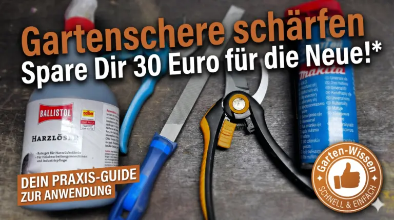Auf einer Werkbank liegen zwei Gartenscheren, eine Ballistol Harzlöser-Sprühflasche, eine Feile und ein Makita Multiöl. Auf dem Bild ist zu lesen: "Gartenschere schärfen" - "Spare Dir 30 Euro für die Neue!"