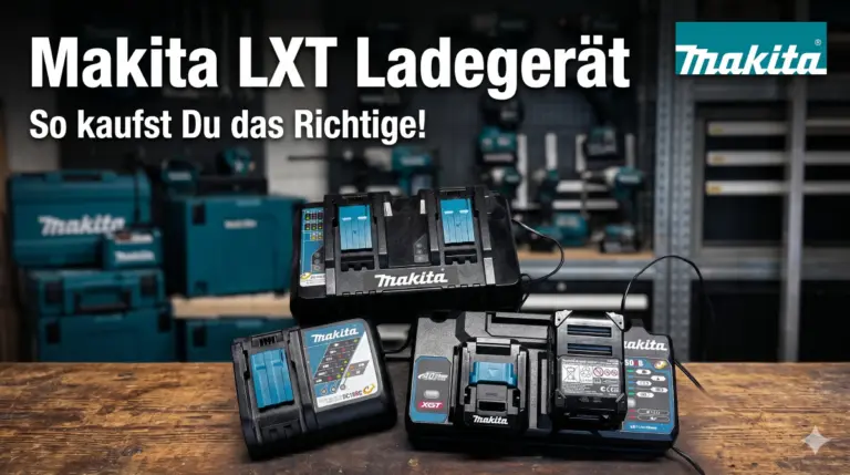 Ein Makita LXT Ladegerät DC40RC, DC40RD sowie ein DC40RB auf einer Werkbank. Im Hintergrund sind viele Makita Geräte zu sehen. Die Ladegeräte sind leicht verstaubt.