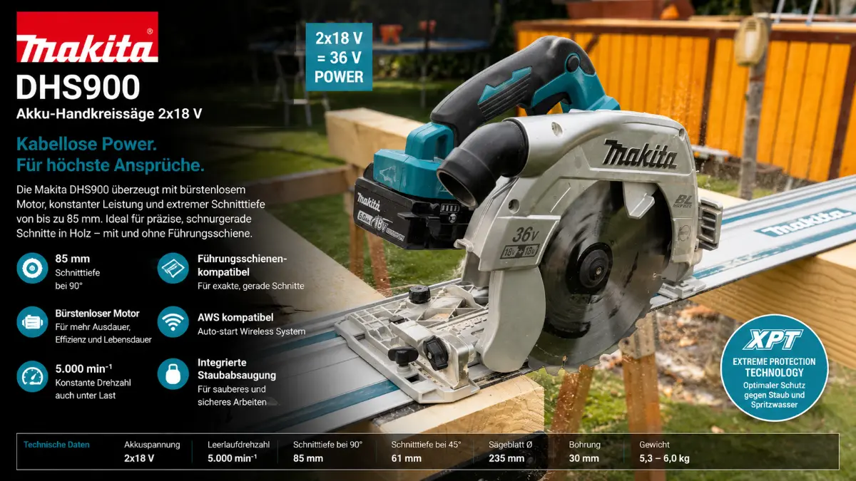 Infografik der Makita DHS900 mit technischen Eigenschaften und 85 mm Schnitttiefe