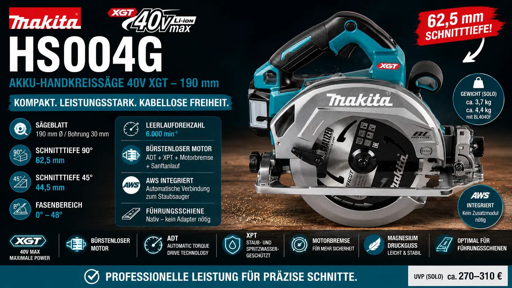 Die Produktvorstellung einer Makita 40V Handkreissäge HS004G mit 62,5 mm Schnitttiefe, 190mm Sägeblatt, 0-48° Neigung und vielem mehr auf einem Bild.