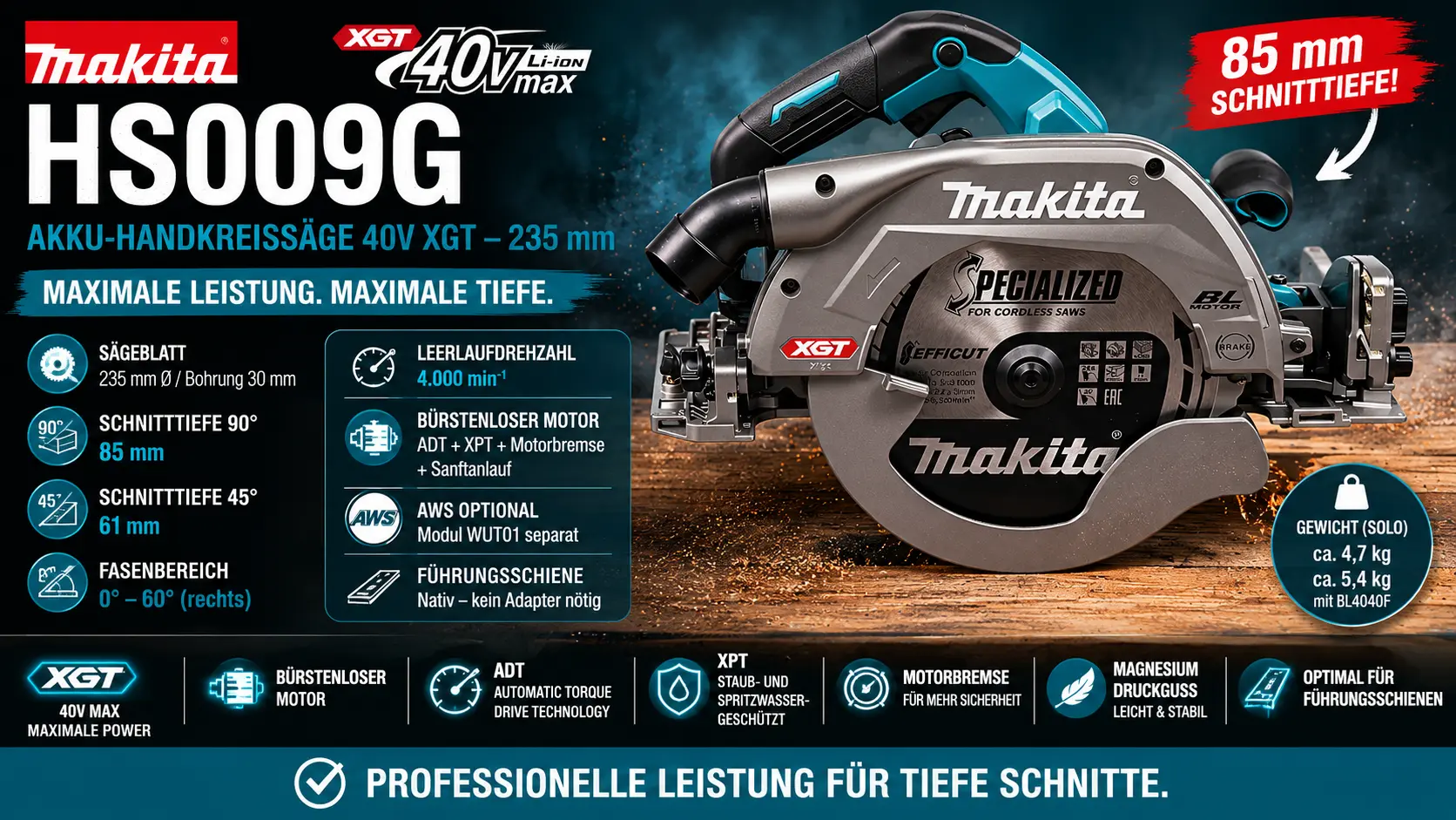 Eine Makita 40V Handkreissäge HS009G mit vielen Eigenschaften auf einen Blick, z.B. 85mm Schnitttiefe, -1-60° Neigung, 235mm Sägeblatt