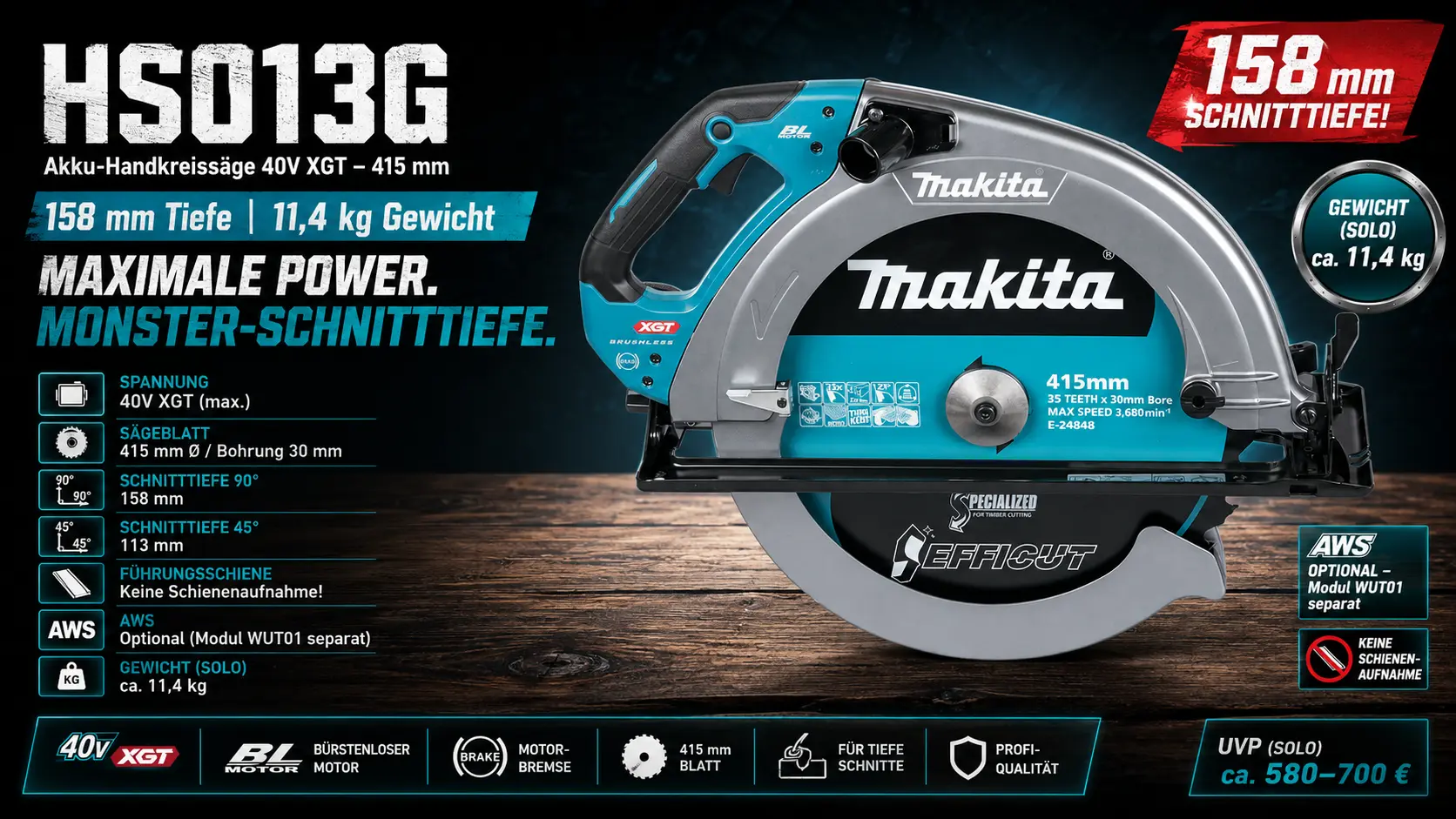 Eine Produktvorstellung der Makita 40V Handkreissäge HS013G mit vielen Details, 158mm Schnitttiefe, Warnung, dass keine Führungsschiene genutzt werden kann, 11,4 kg Gewicht uvm.