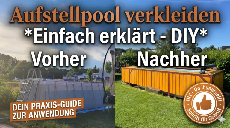 Ein Beitragsbild zum Thema "Aufstellpool verkleiden" zeigt einen Spliscreen - auf der linken Seite ist ein großer grauer Aufstellpool zu sehen, der neben einem Trampolin auf einer Wiese steht - auf der rechten Seite ist dieser Aufstellpool durch eine Holzverkleidung schöner anzusehen - außerdem ist dieser etwas in die Erde eingelassen.