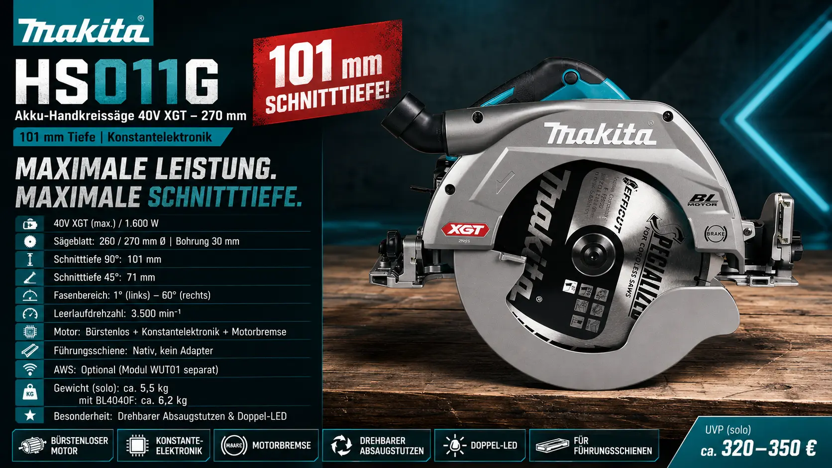 Die Makita HS011G mit allen wichtigen Eigenschaften auf einen Blick, wie zum Beispiel 101mm Schnitttiefe, 270mm Sägeblatt, Schnitttiefen bei 90° und 45° und viel mehr