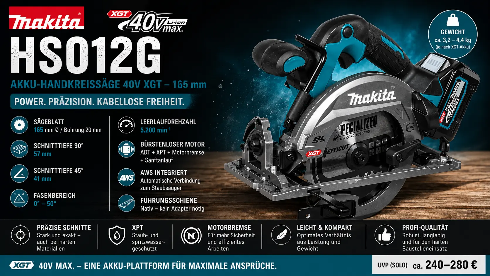 Eine Makita 40V Handkreissäge HS012G - auf dem Foto ist die Säge und viele der Eigenschaften zu sehen, welche die Säge bietet, z.B. 165 mm Sägeblatt, 57mm Schnitttiefe bei 90° und vieles mehrauf einem 