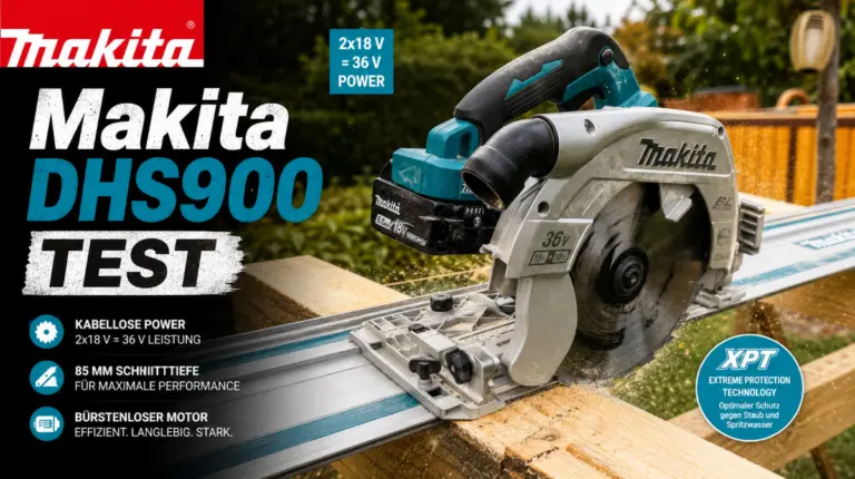 Makita DHS900 Test – Leistungsstarke 36V Akku-Handkreissäge von Makita auf Führungsschiene beim präzisen Holzschnitt im Praxiseinsatz