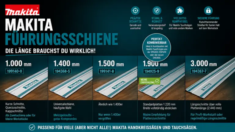 Makita Führungsschiene Vergleich mit allen verfügbaren Längen und Artikelnummern – 1000 mm, 1400 mm, 1500 mm, 1900 mm und 3000 mm Führungsschienen für präzise Schnitte mit Makita Handkreissägen und Tauchsägen
