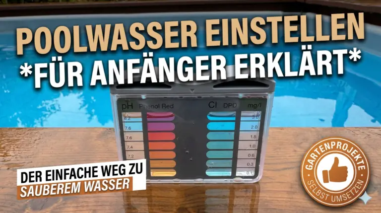 Anleitung zum Poolwasser einstellen für Anfänger. Beitragsbild mit Pool-Testset am Beckenrand, Poolhintergrund und der deutschen Überschrift 'POOLWASSER EINSTELLEN FÜR ANFÄNGER ERKLÄRT'. Enthält auch den Text 'DER EINFACHE WEG ZU SAUBEREM WASSER' und das Siegel 'GARTENPROJEKTE SELBST UMSETZEN'.