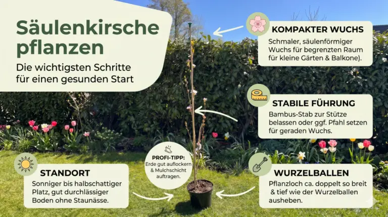 Infografik mit dem Titel „Säulenkirsche pflanzen“ und detaillierter Anleitung. Die Grafik zeigt ein Foto einer jungen Säulenkirsche im Topf und vier informative Textfelder zu: kompaktem Wuchs für kleine Gärten und Balkone; stabiler Führung mit einem Bambusstab; Vorbereitung des Pflanzlochs für den Wurzelballen; und dem idealen sonnigen bis halbschattigen Standort. Ein runder Button enthält einen Profi-Tipp zur Erdeauflockerung und Mulchschicht.
