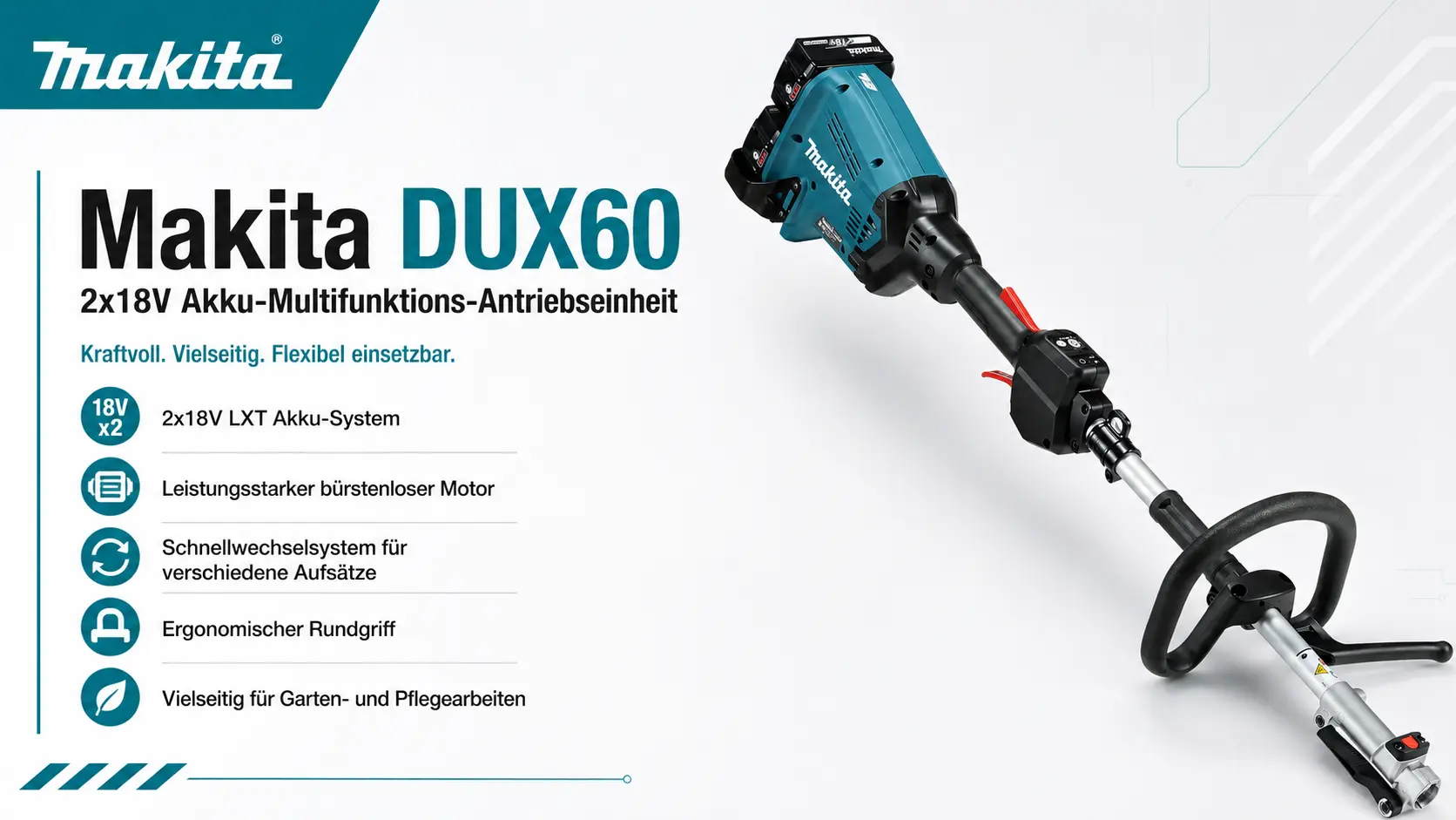 Makita DUX60 2x18V Akku-Multifunktions-Antriebseinheit mit bürstenlosem Motor und Schnellwechselsystem