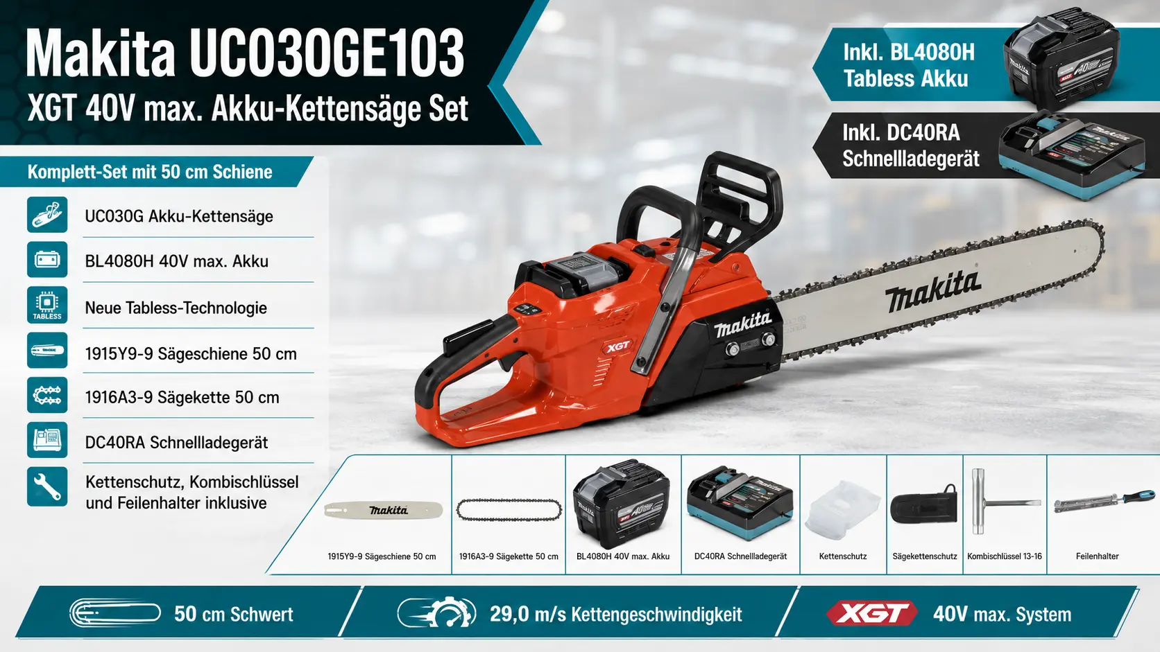 Makita UC030GE103 XGT 40V Akku-Kettensäge Set mit BL4080H Tabless Akku, DC40RA Schnellladegerät und 50 cm Schiene