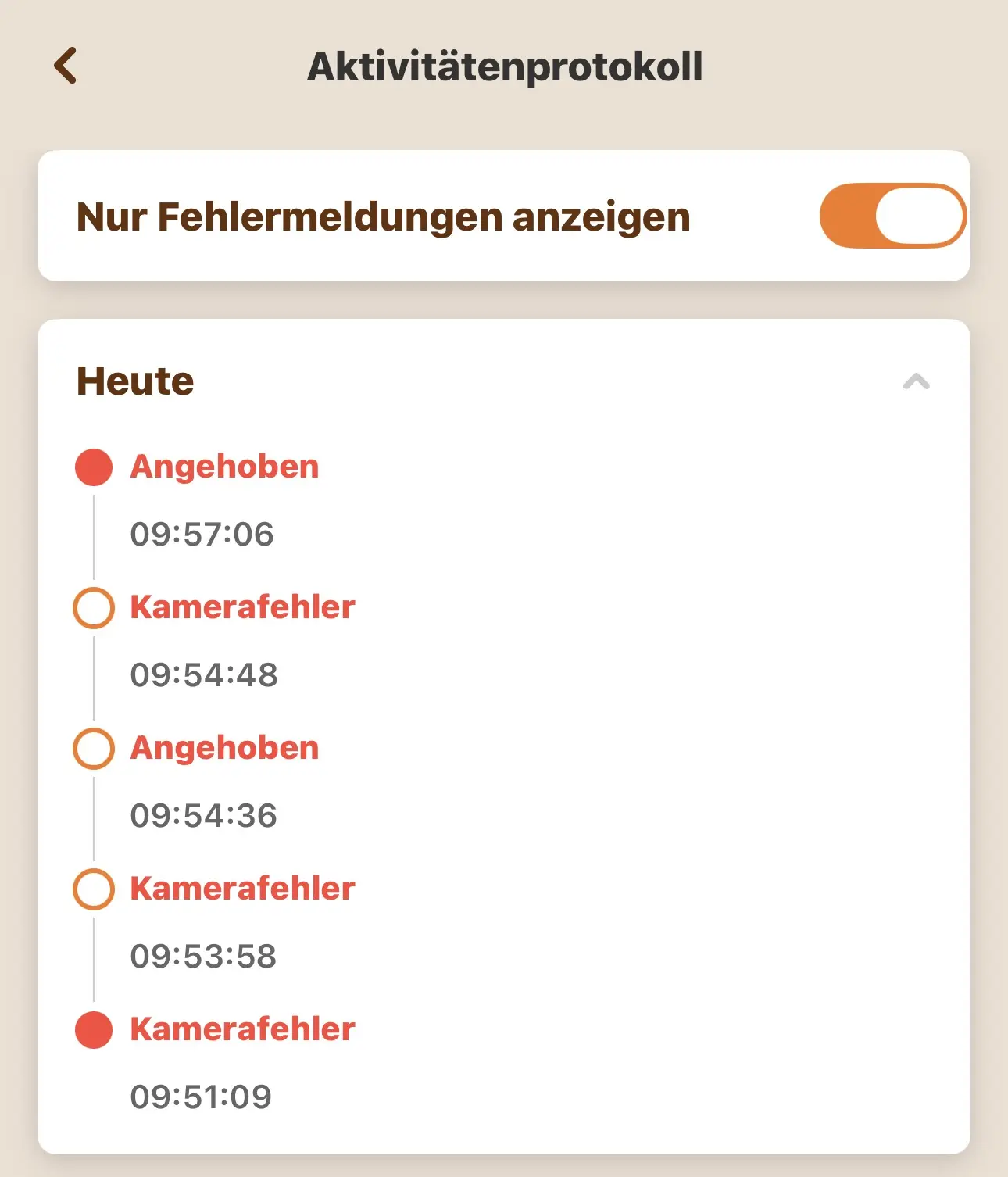 Worx Vision Kamerafehler E13 im Aktivitätenprotokoll der Landroid App
