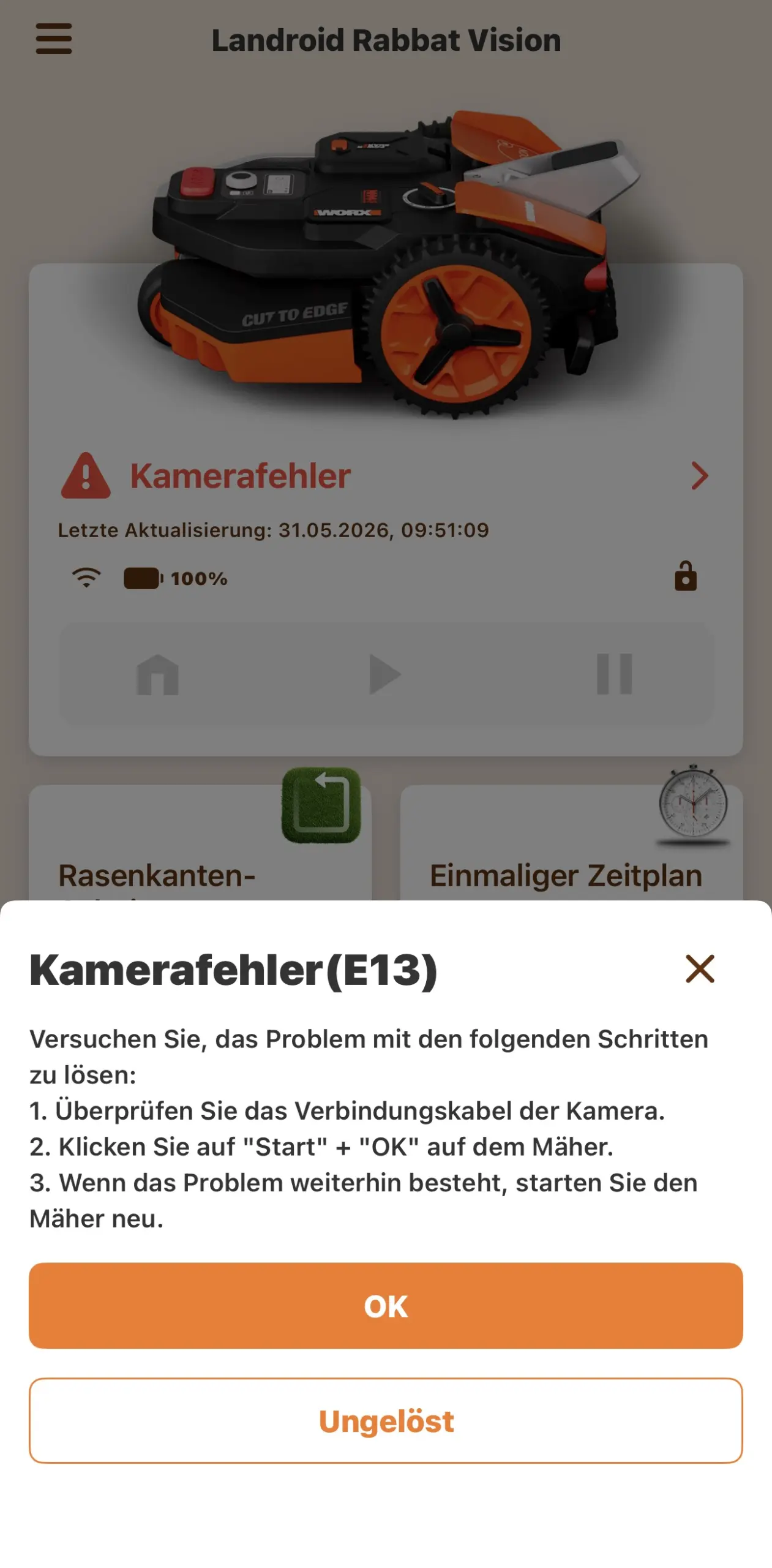 Worx Landroid App zeigt Kamerafehler E13 beim Landroid Vision M