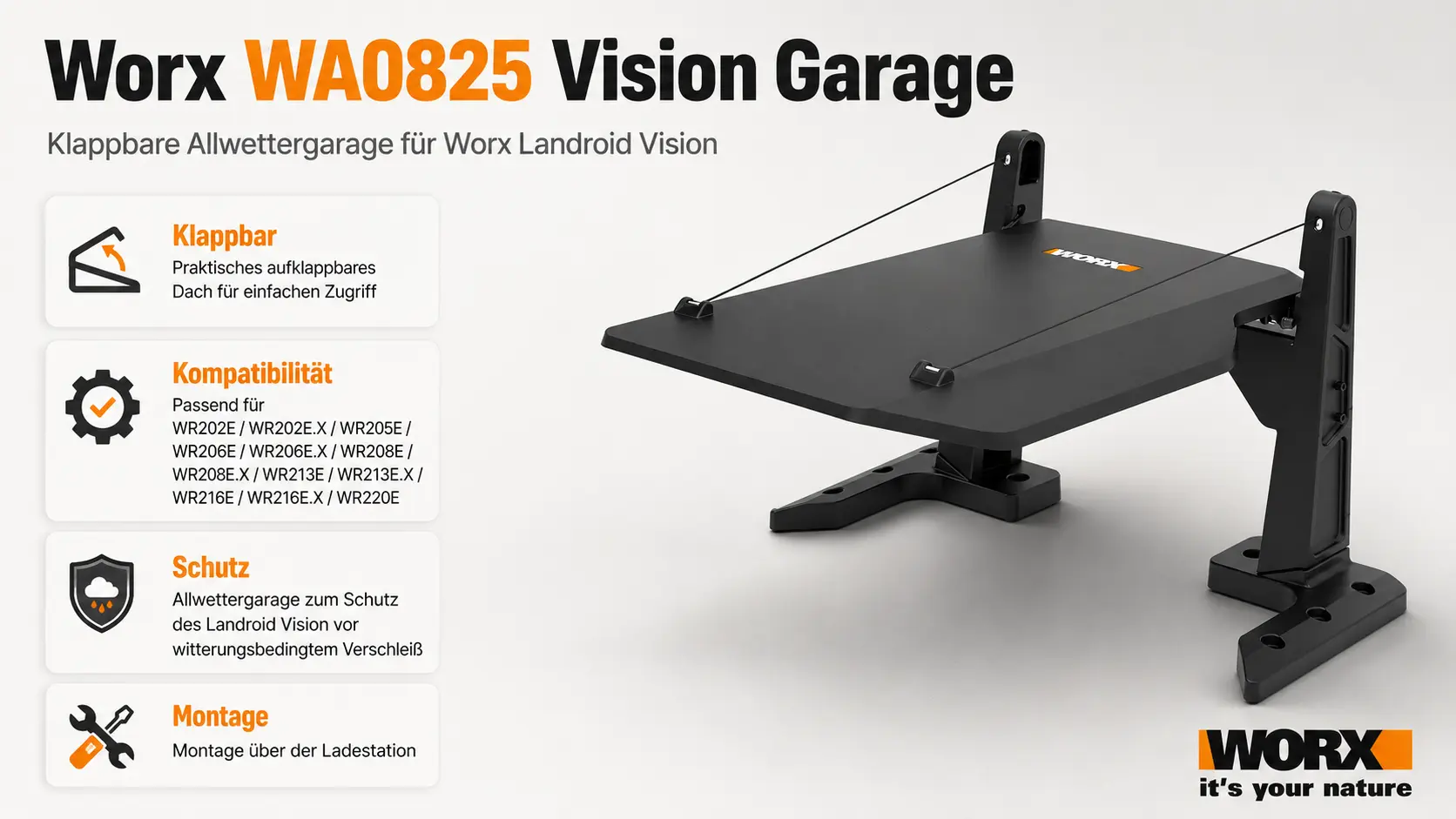 Worx WA0825 Vision Garage als klappbare Allwettergarage für Worx Landroid Vision mit Kompatibilität zu WR202E, WR205E, WR206E, WR208E, WR213E, WR216E und WR220E