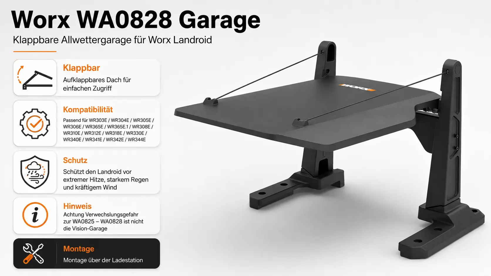 Worx WA0828 Garage als klappbare Allwettergarage für Worx Landroid mit Kompatibilität zu WR303E, WR304E, WR305E, WR306E, WR365E, WR365E.1, WR308E, WR310E, WR312E, WR318E, WR330E, WR340E, WR341E, WR342E und WR344E