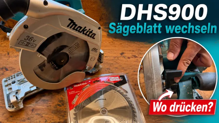Makita DHS900 Sägeblatt wechseln - Handkreissäge mit neuem Sägeblatt und Detailansicht des Arretierungsknopfs beim Sägeblattwechsel