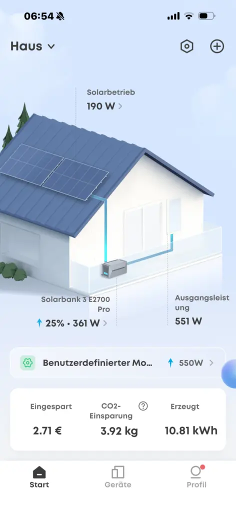 Anker SOLIX App mit Solarleistung, Speicherladung und Ausgangsleistung