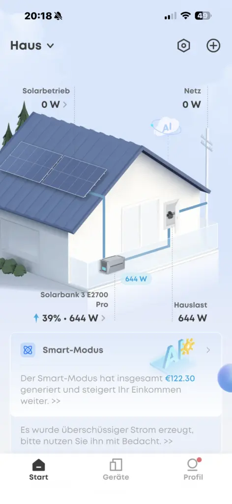 Anker Solarbank 3 App mit 644 W Hauslast und 0 W Netzbezug