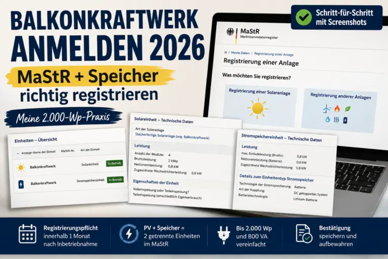 Balkonkraftwerk anmelden 2026 im Marktstammdatenregister mit Solaranlage und Batteriespeicher