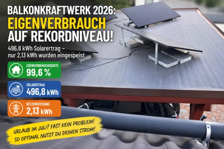 Balkonkraftwerk auf einem Carport mit vier Solarmodulen und 99,6 Prozent Eigenverbrauch in der Praxis