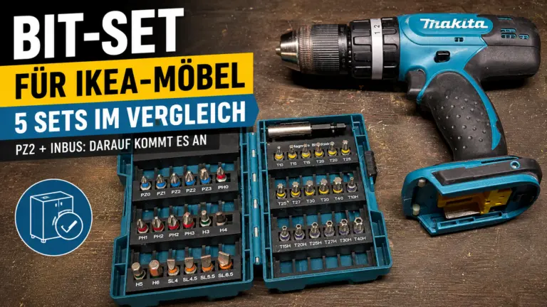 Bit-Set für IKEA-Möbel mit PZ2-, Inbus- und Torx-Bits neben einem Makita-Akkuschrauber