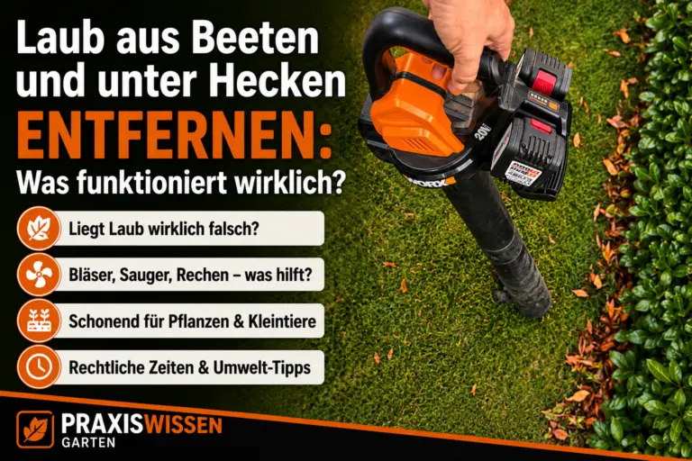 Laub aus Beeten entfernen mit Laubbläser neben Hecke und Rasen
