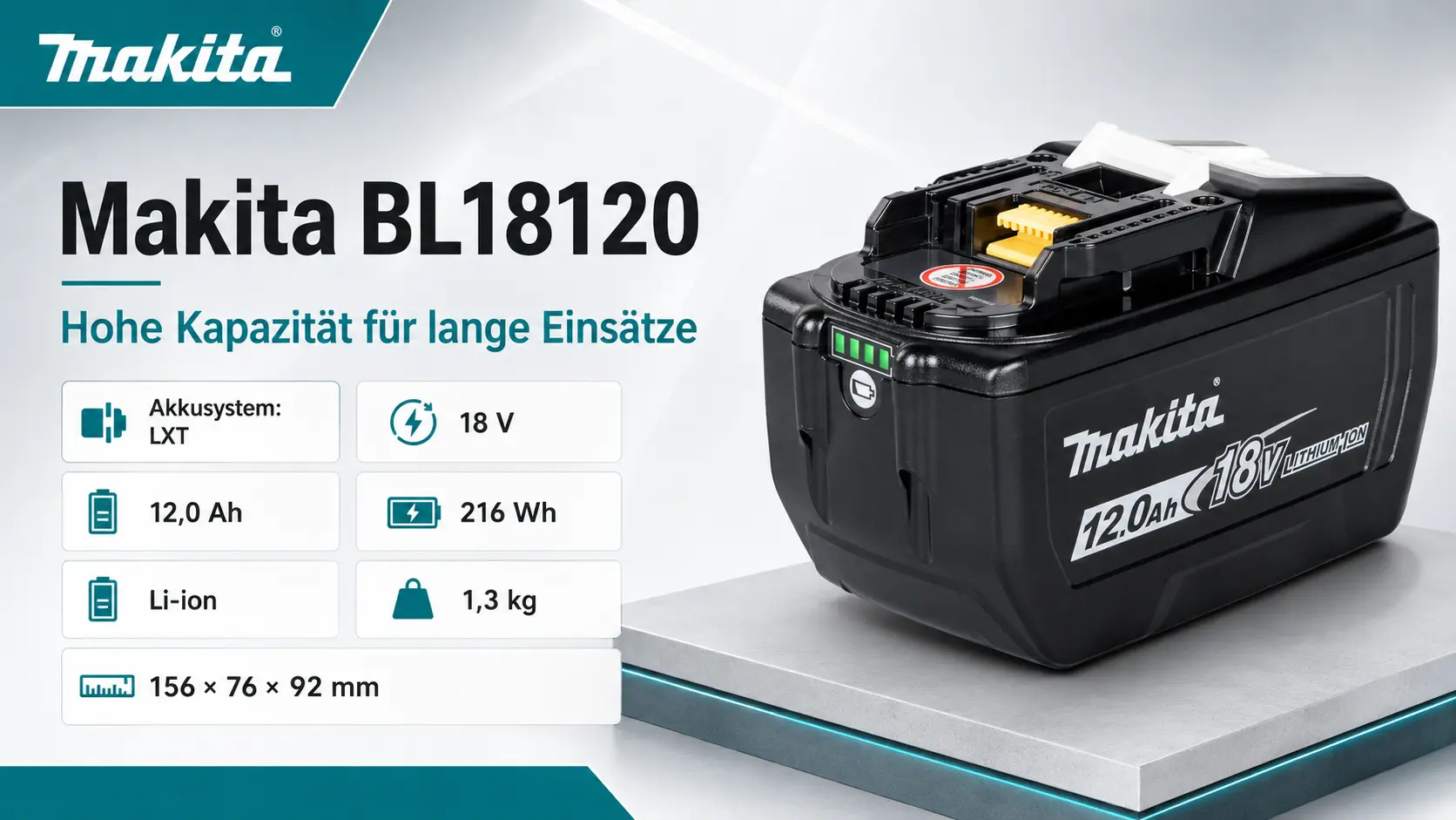 Makita BL18120 – 18V LXT Akku mit 12,0 Ah Makita BL1890 & BL18120 – BL18120 18V LXT Akku mit 12,0 Ah und 216 Wh als Produktgrafik