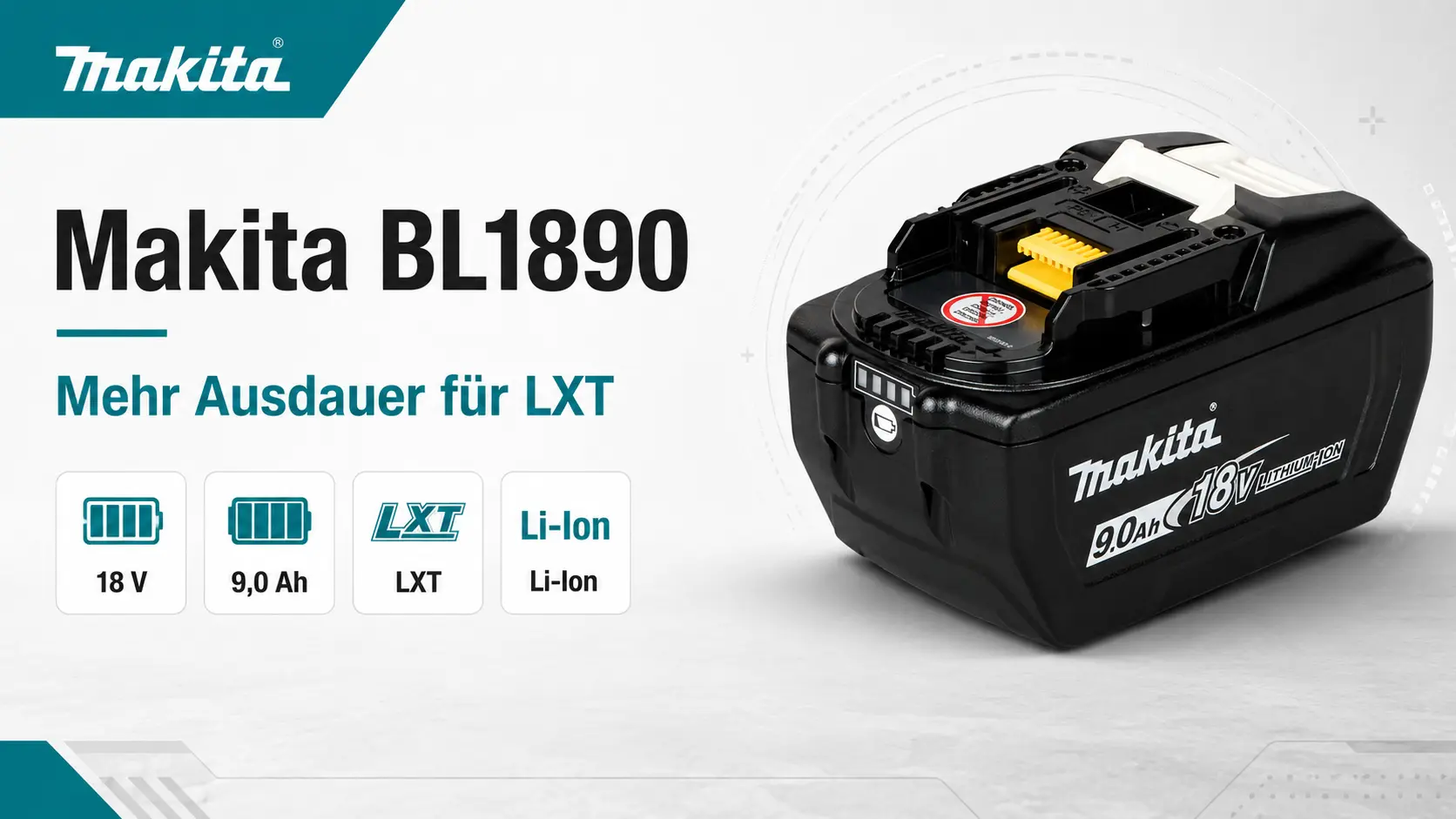Makita BL1890 – 18V LXT Akku mit 9,0 Ah Makita BL1890 & BL18120 – BL1890 18V LXT Akku mit 9,0 Ah als Produktgrafik